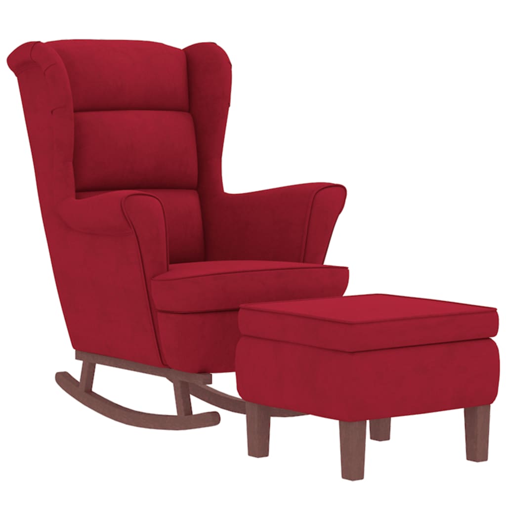 vidaXL Sillón mecedora patas madera y taburete terciopelo rojo vino