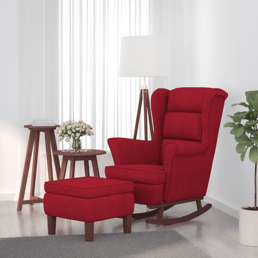 vidaXL Sillón mecedora patas madera y taburete terciopelo rojo vino