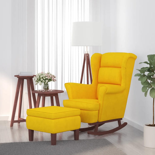 vidaXL Sillón mecedora patas madera y taburete terciopelo amarillo