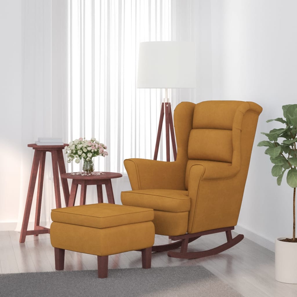 vidaXL Sillón mecedora patas madera y taburete terciopelo marrón