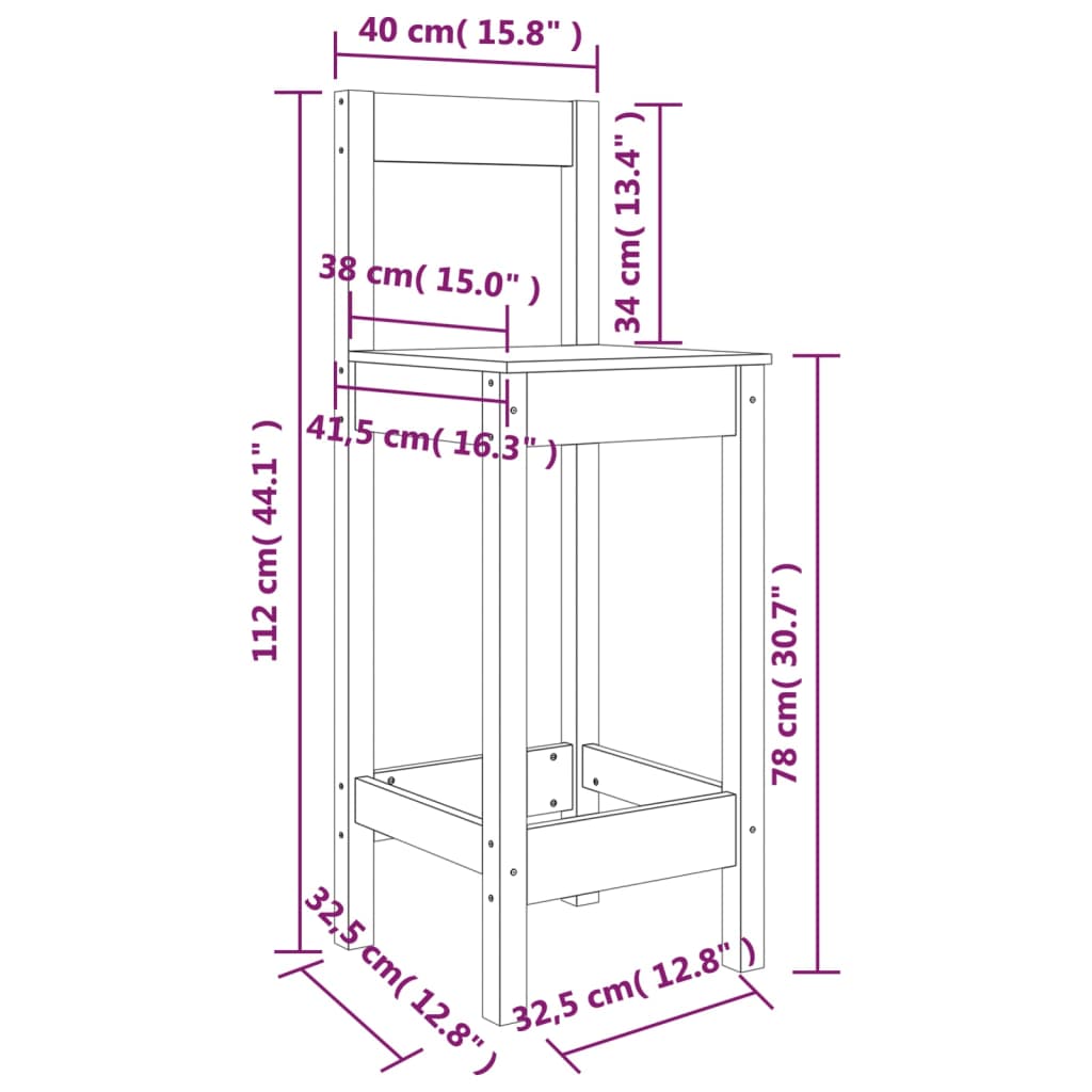 vidaXL Taburetes altos 2 uds madera maciza de pino 40x41,5x112 cm