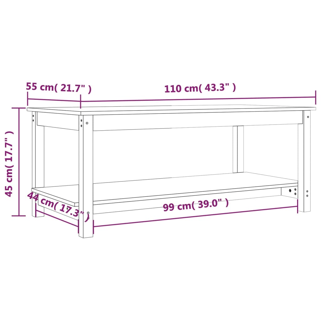 vidaXL Mesa de centro de madera maciza de pino 110x55x45 cm