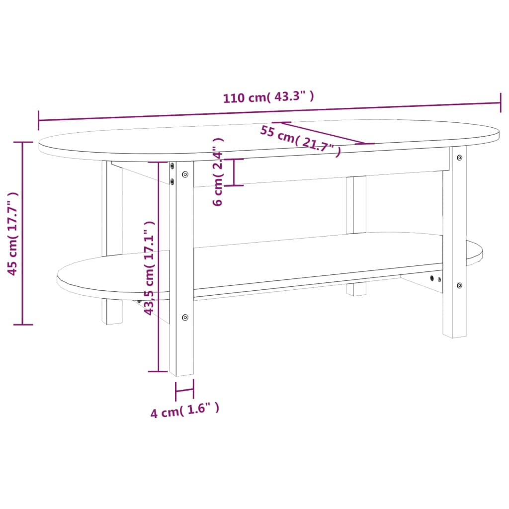 vidaXL Mesa de centro de madera maciza de pino blanco 110x55x45 cm