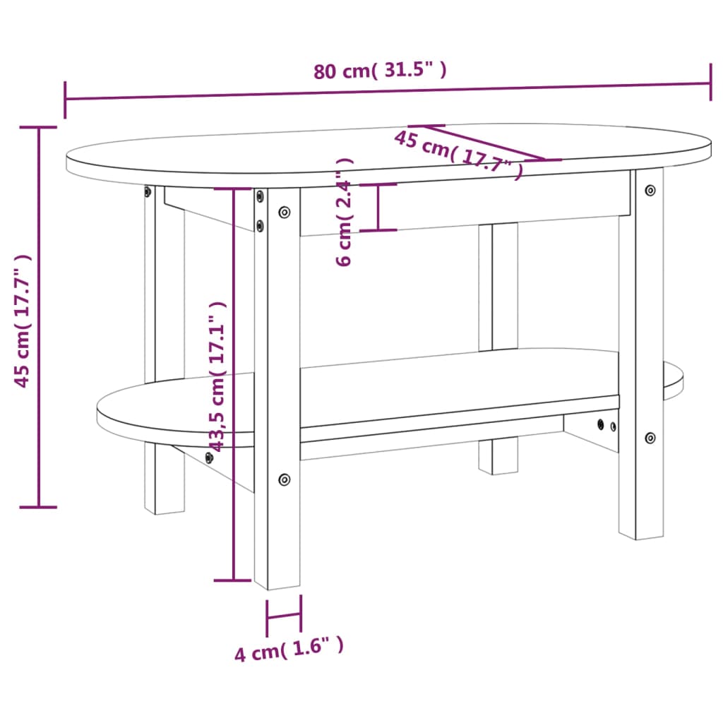 vidaXL Mesa de centro de madera maciza de pino blanco 80x45x45 cm