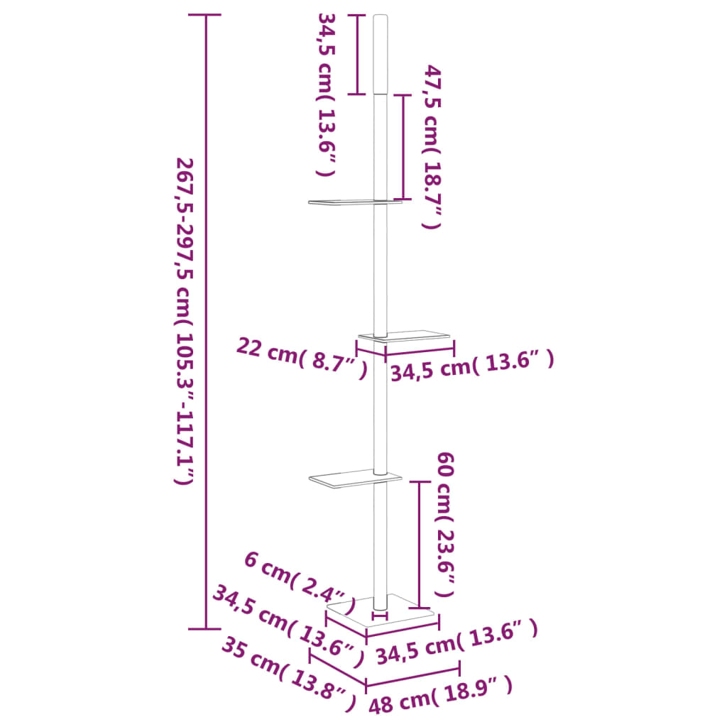 vidaXL Árbol rascador para gatos de suelo a techo crema 267,5-297,5 cm