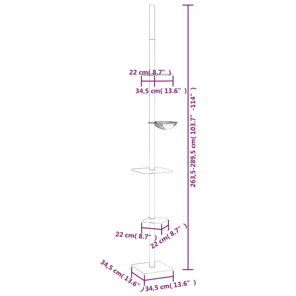 vidaXL Árbol rascador para gatos de suelo a techo crema 263,5-289,5 cm