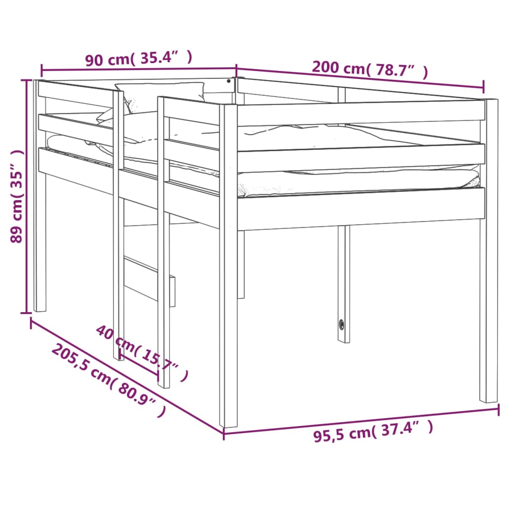 vidaXL Cama alta madera maciza de pino 90x200 cm