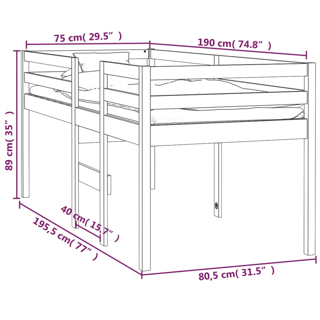 vidaXL Cama alta blanca madera maciza pino 75x190 cm