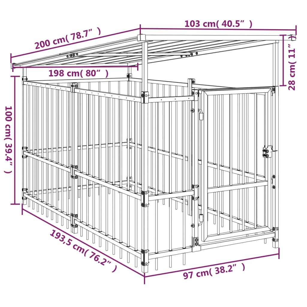 vidaXL Perrera de exterior con tejado acero 1,88 m²