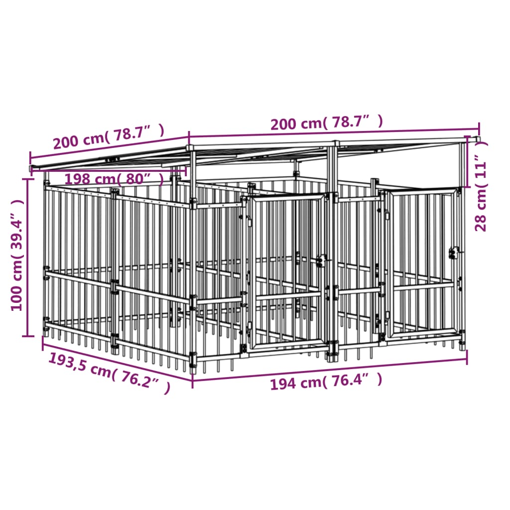 vidaXL Perrera de exterior con tejado acero 3,75 m²