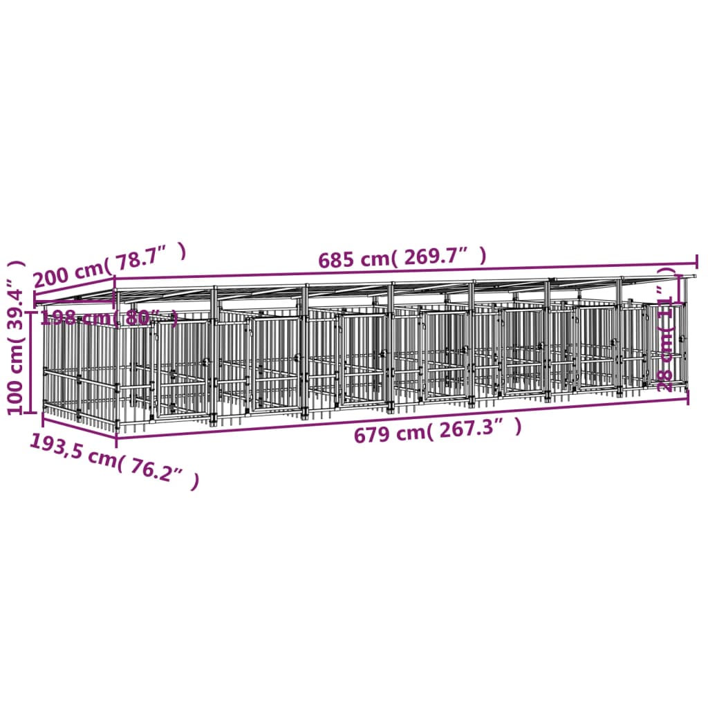 vidaXL Perrera de exterior con tejado acero 13,14 m²