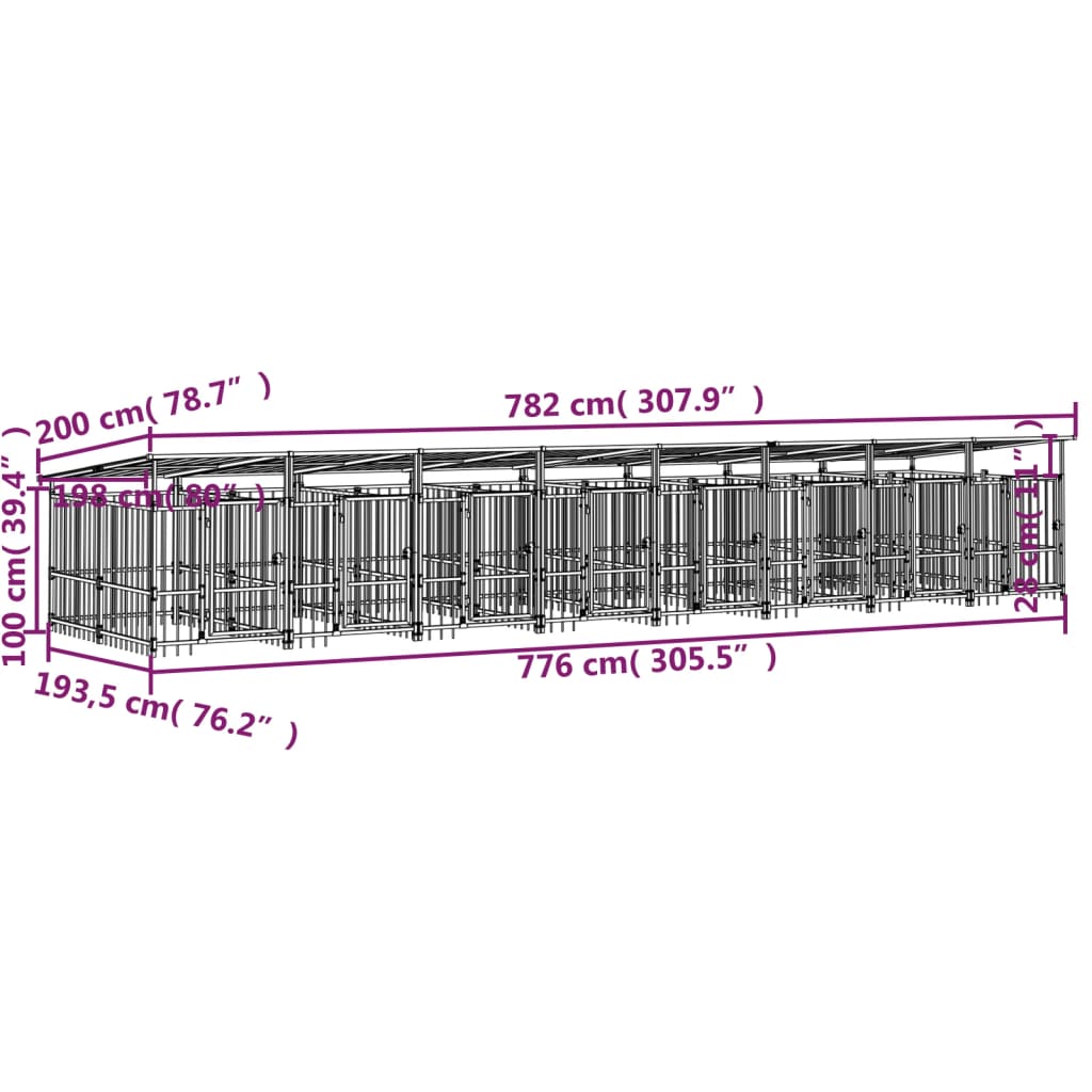 vidaXL Perrera de exterior con tejado acero 15,02 m²