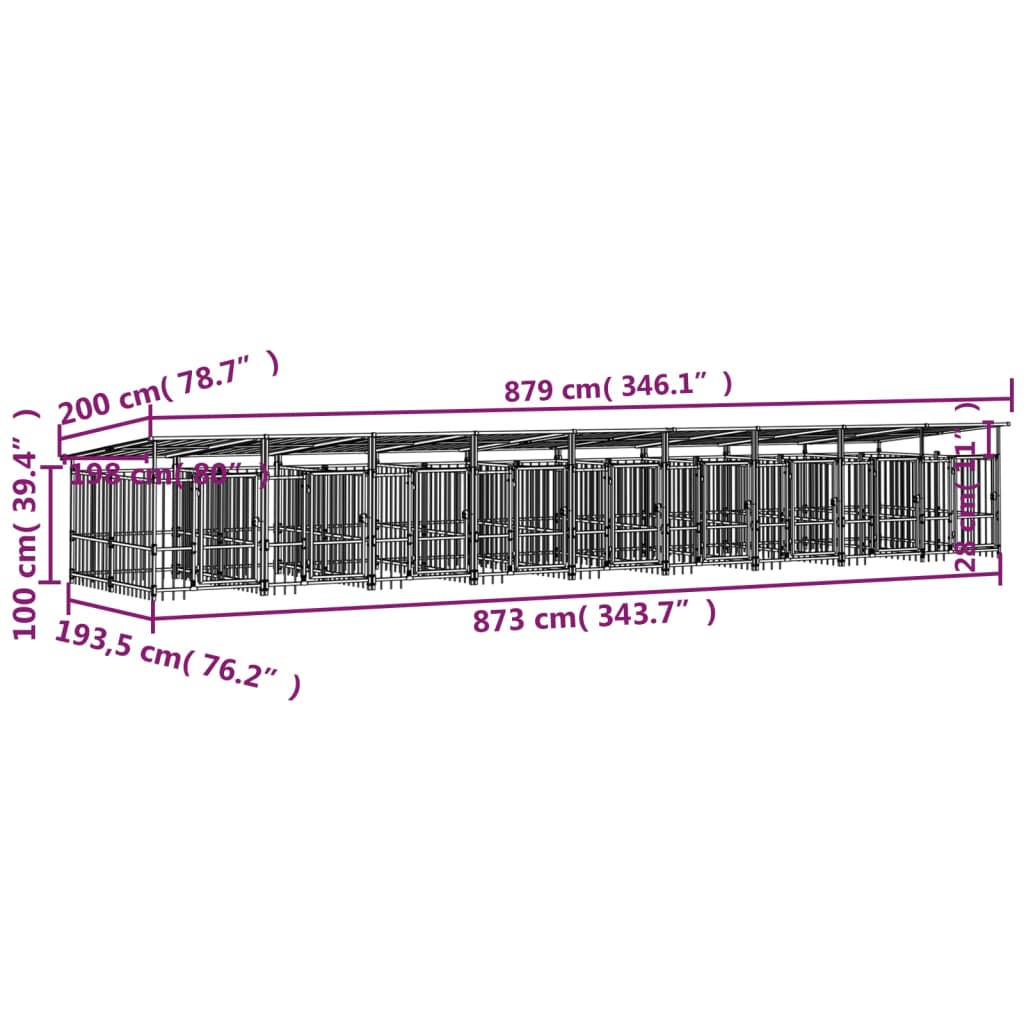 vidaXL Perrera de exterior con tejado acero 16,89 m²