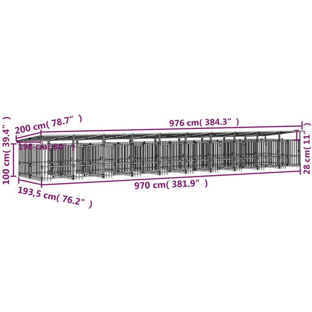 vidaXL Perrera de exterior con tejado acero 18,77 m²