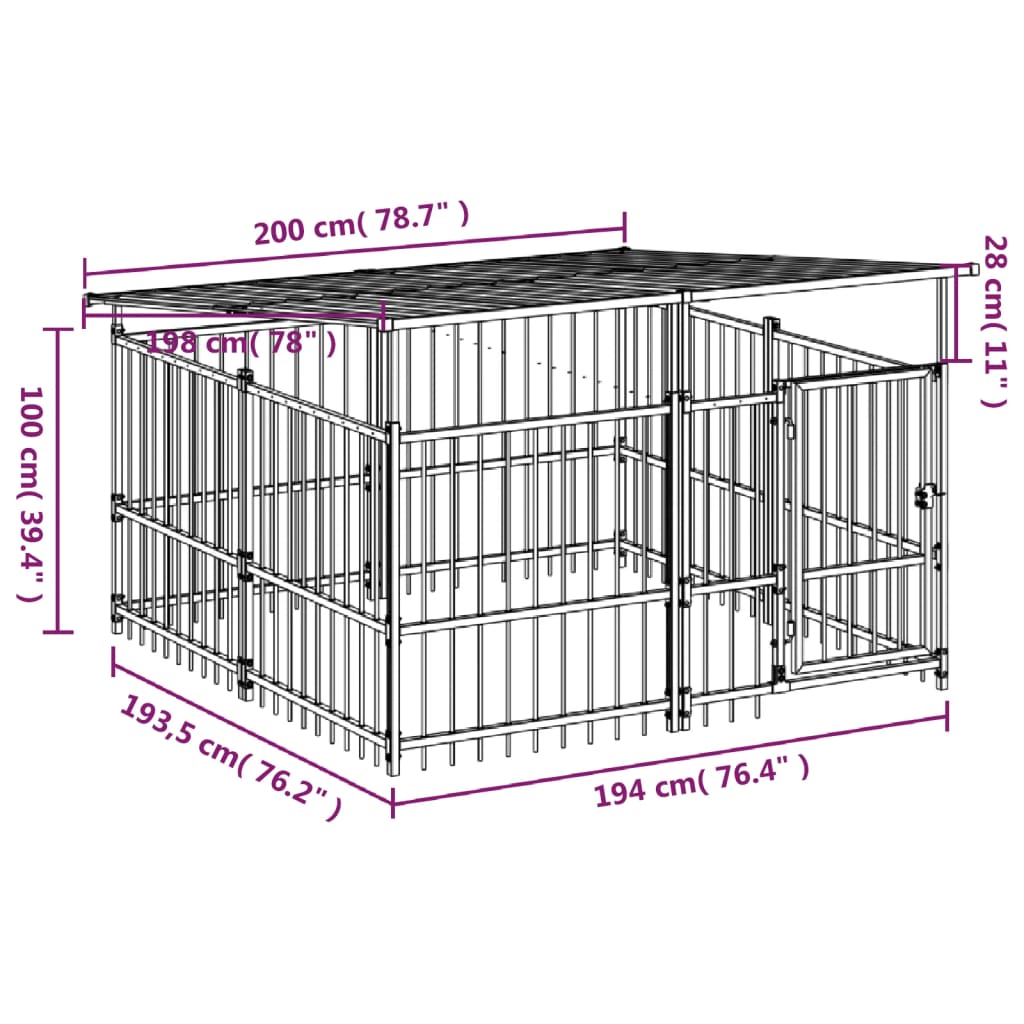 vidaXL Perrera de exterior con tejado acero 3,75 m²