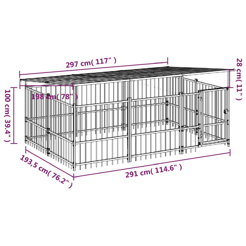 vidaXL Perrera de exterior con tejado acero 5,63 m²