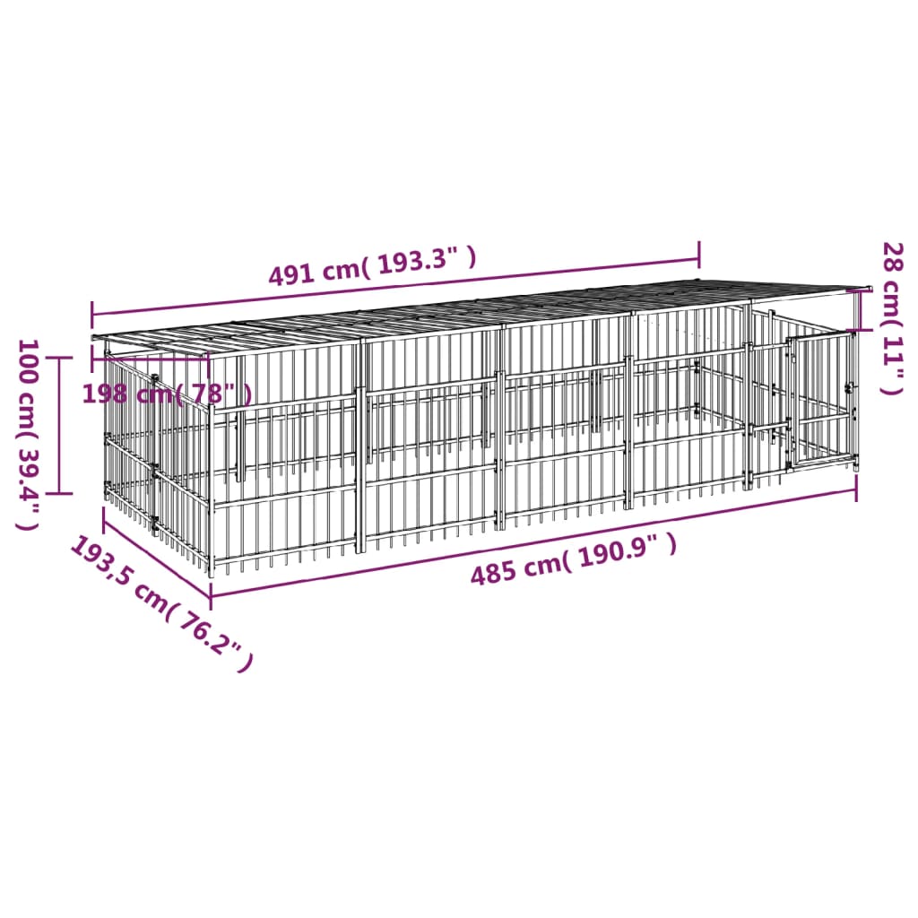 vidaXL Perrera de exterior con tejado acero 9,38 m²