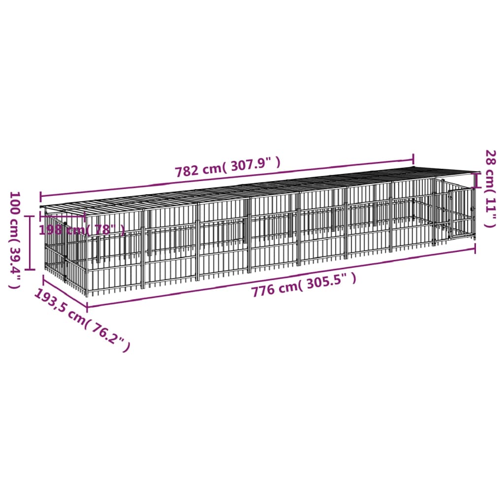 vidaXL Perrera de exterior con tejado acero 15,02 m²