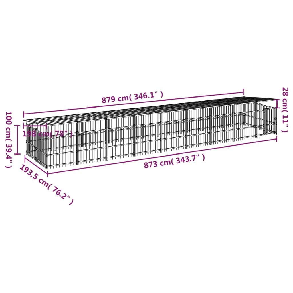 vidaXL Perrera de exterior con tejado acero 16,89 m²