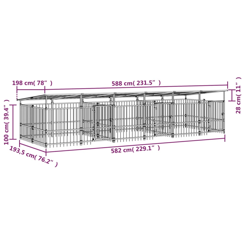 vidaXL Perrera de exterior con tejado acero 11,26 m²