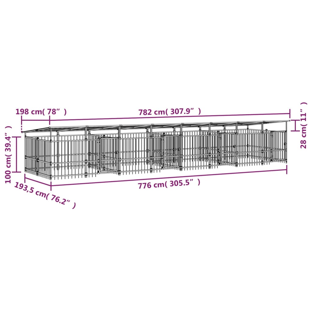 vidaXL Perrera de exterior con tejado acero 15,02 m²