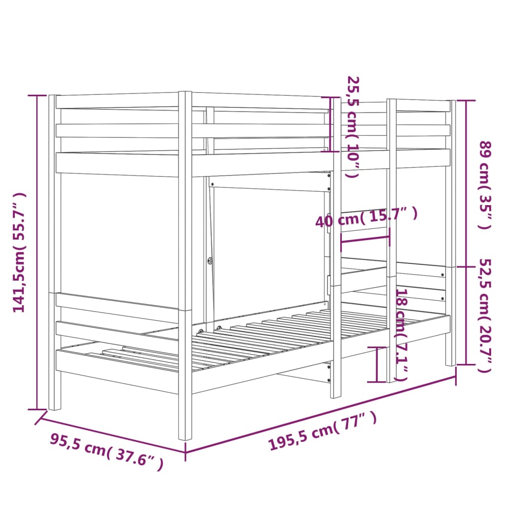 vidaXL Cama litera sin colchón madera maciza de pino 90x190 cm