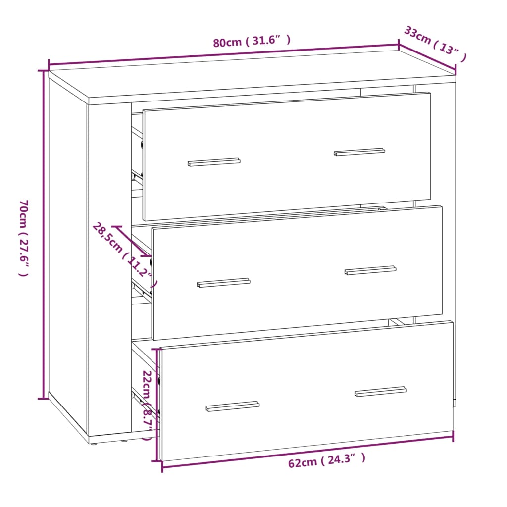 vidaXL Aparador madera contrachapada color roble Sonoma 80x33x70 cm