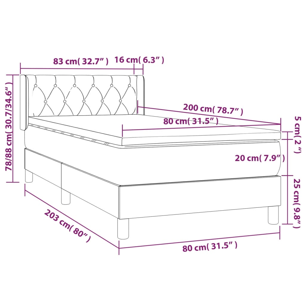 vidaXL Cama box spring con colchón tela gris oscuro 80x200 cm