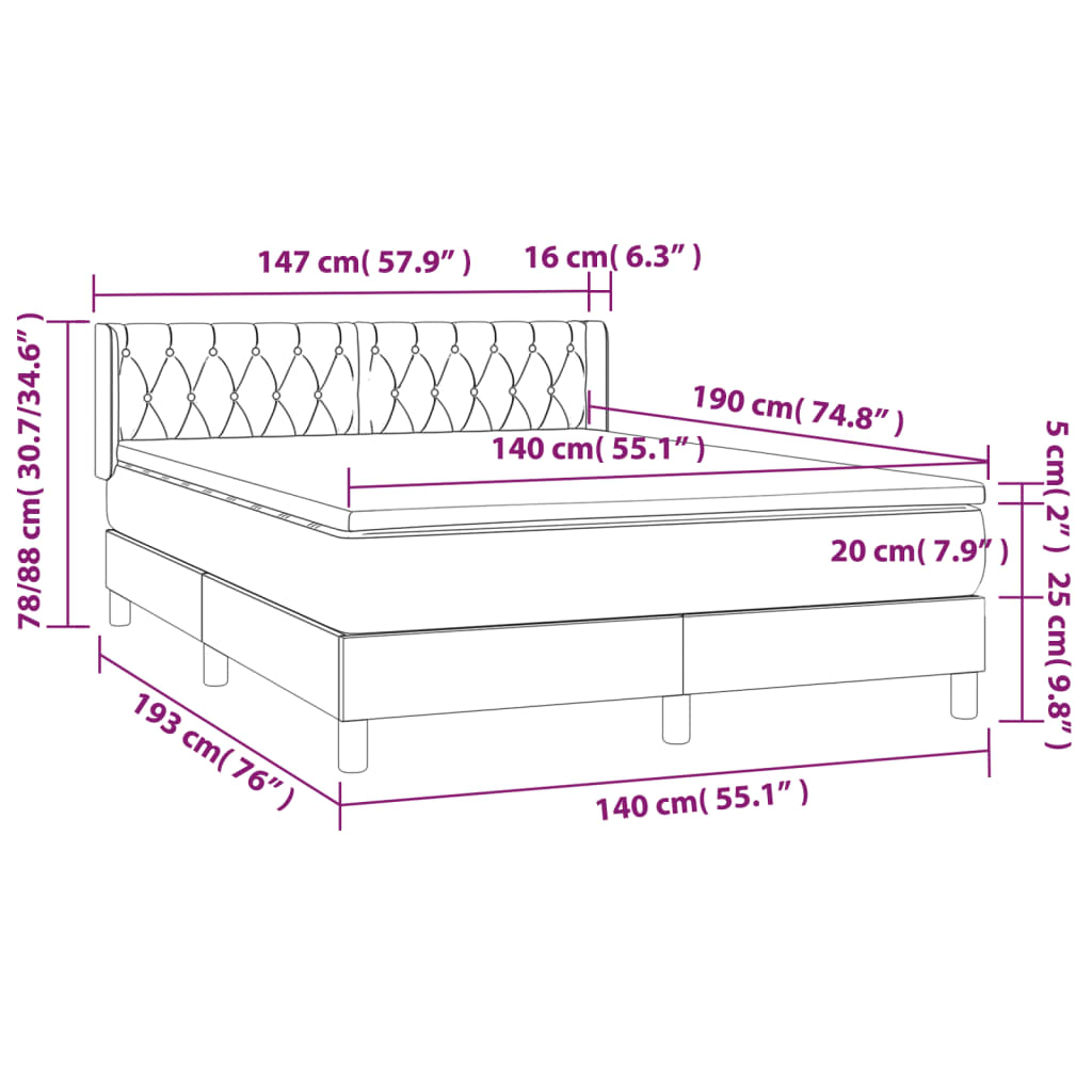 vidaXL Cama box spring con colchón tela gris claro 140x190 cm