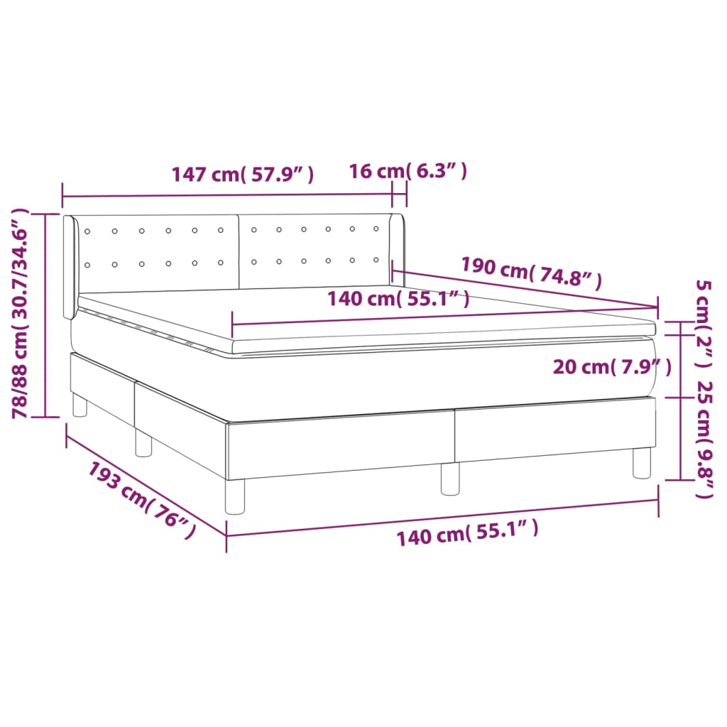 vidaXL Cama box spring con colchón tela gris claro 140x190 cm