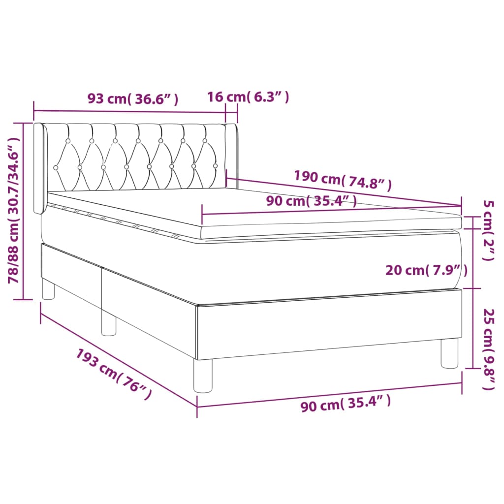 vidaXL Cama box spring con colchón terciopelo verde oscuro 90x190 cm