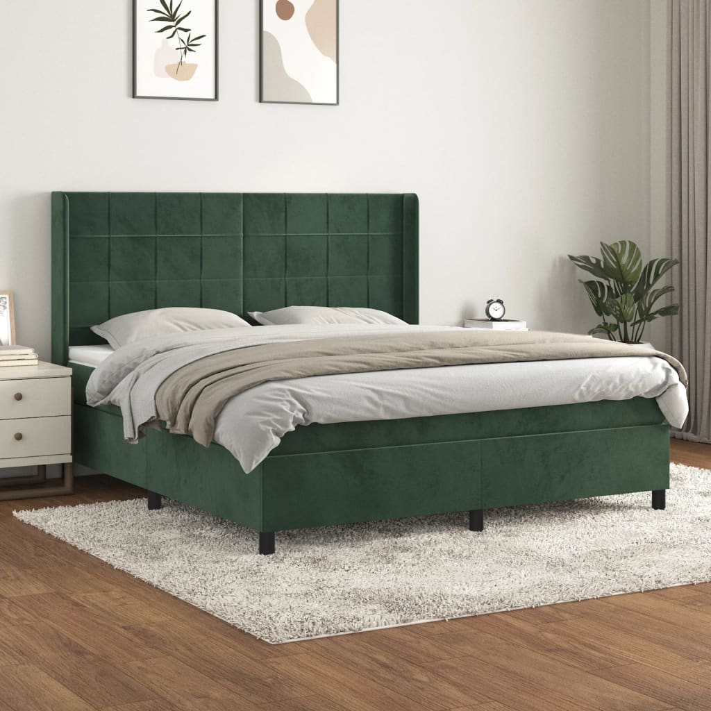 vidaXL Cama box spring con colchón terciopelo verde oscuro 160x200 cm