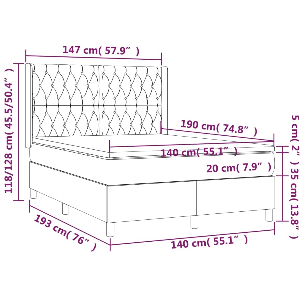 vidaXL Cama box spring con colchón terciopelo gris claro 140x190 cm