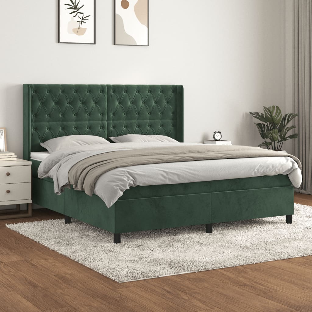 vidaXL Cama box spring con colchón terciopelo verde oscuro 160x200 cm