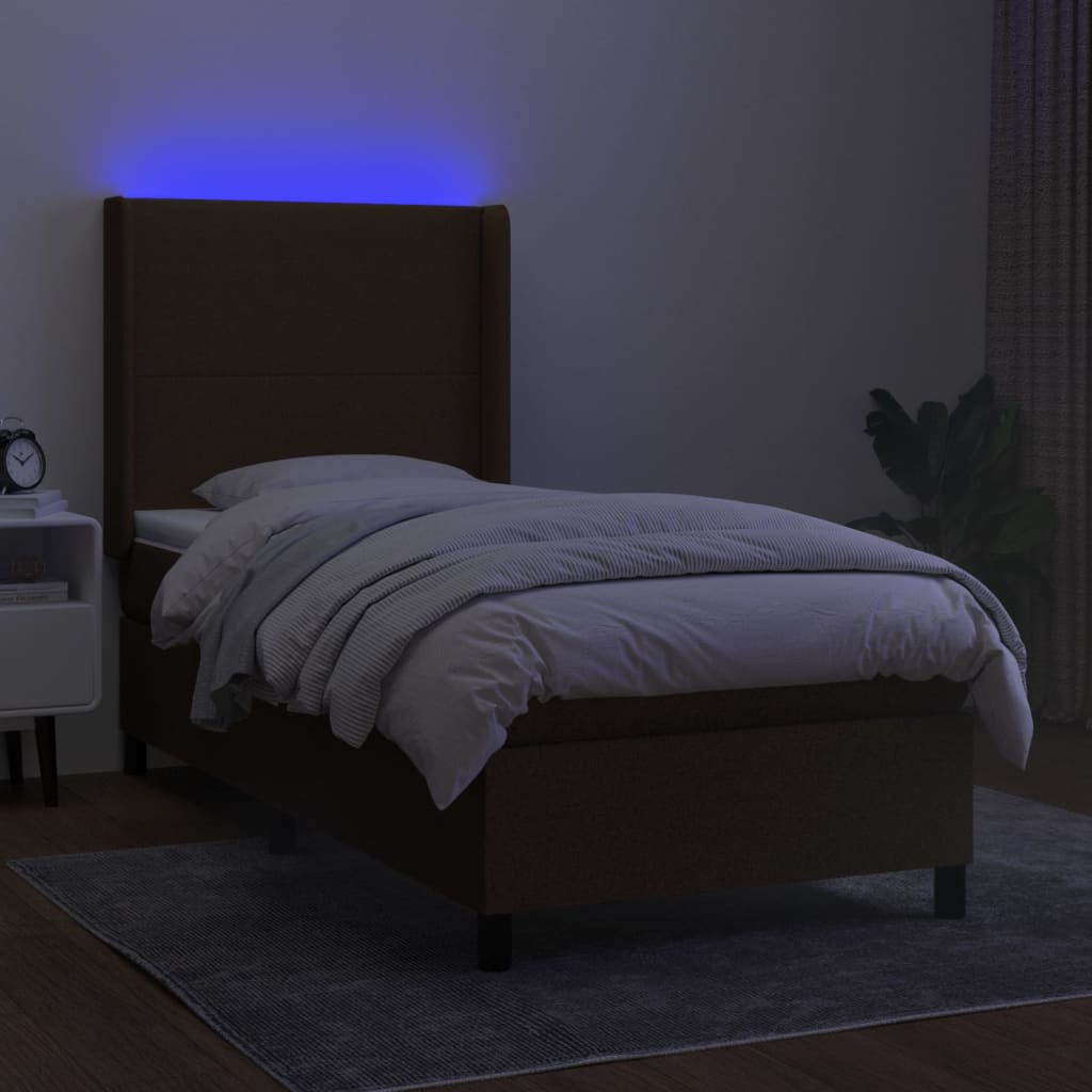 vidaXL Cama box spring colchón y luces LED tela marrón oscuro 80x200cm