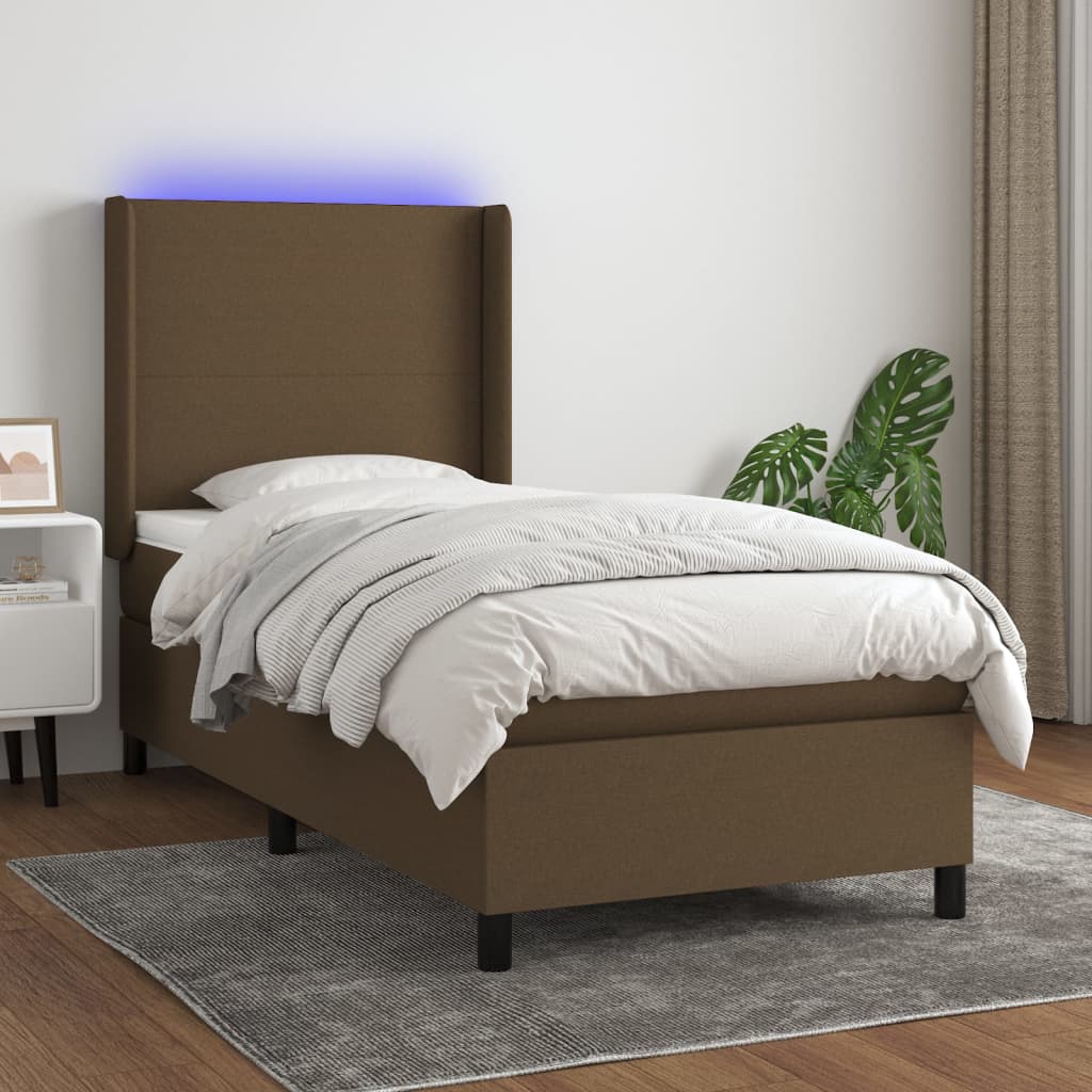 vidaXL Cama box spring colchón y luces LED tela marrón oscuro 80x200cm