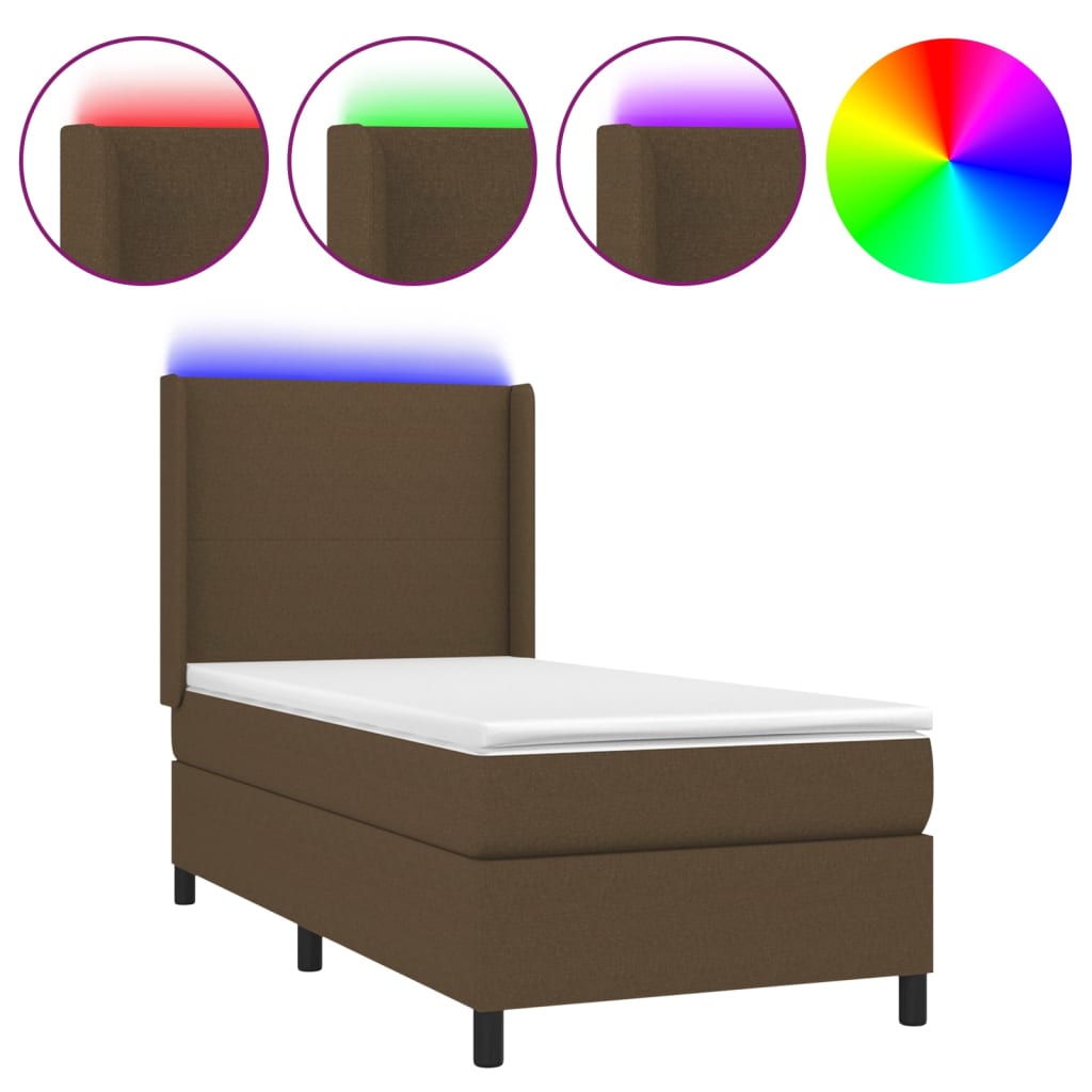 vidaXL Cama box spring colchón y luces LED tela marrón oscuro 90x200cm