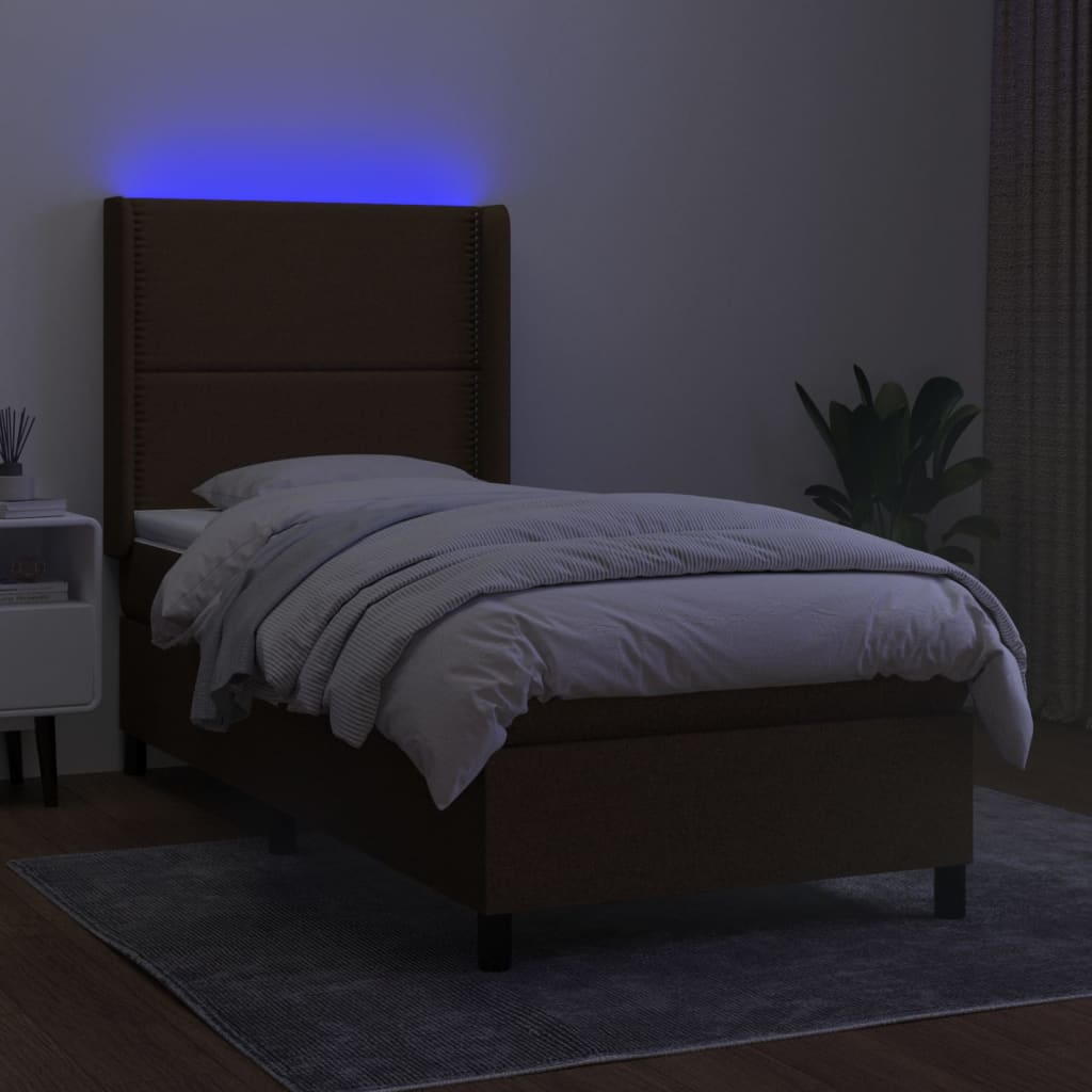 vidaXL Cama box spring colchón y luces LED tela marrón oscuro 80x200cm