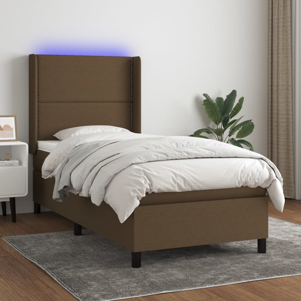 vidaXL Cama box spring colchón y luces LED tela marrón oscuro 80x200cm