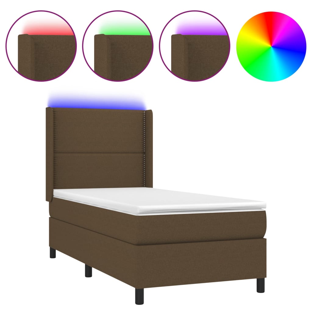 vidaXL Cama box spring colchón y luces LED tela marrón oscuro 90x200cm