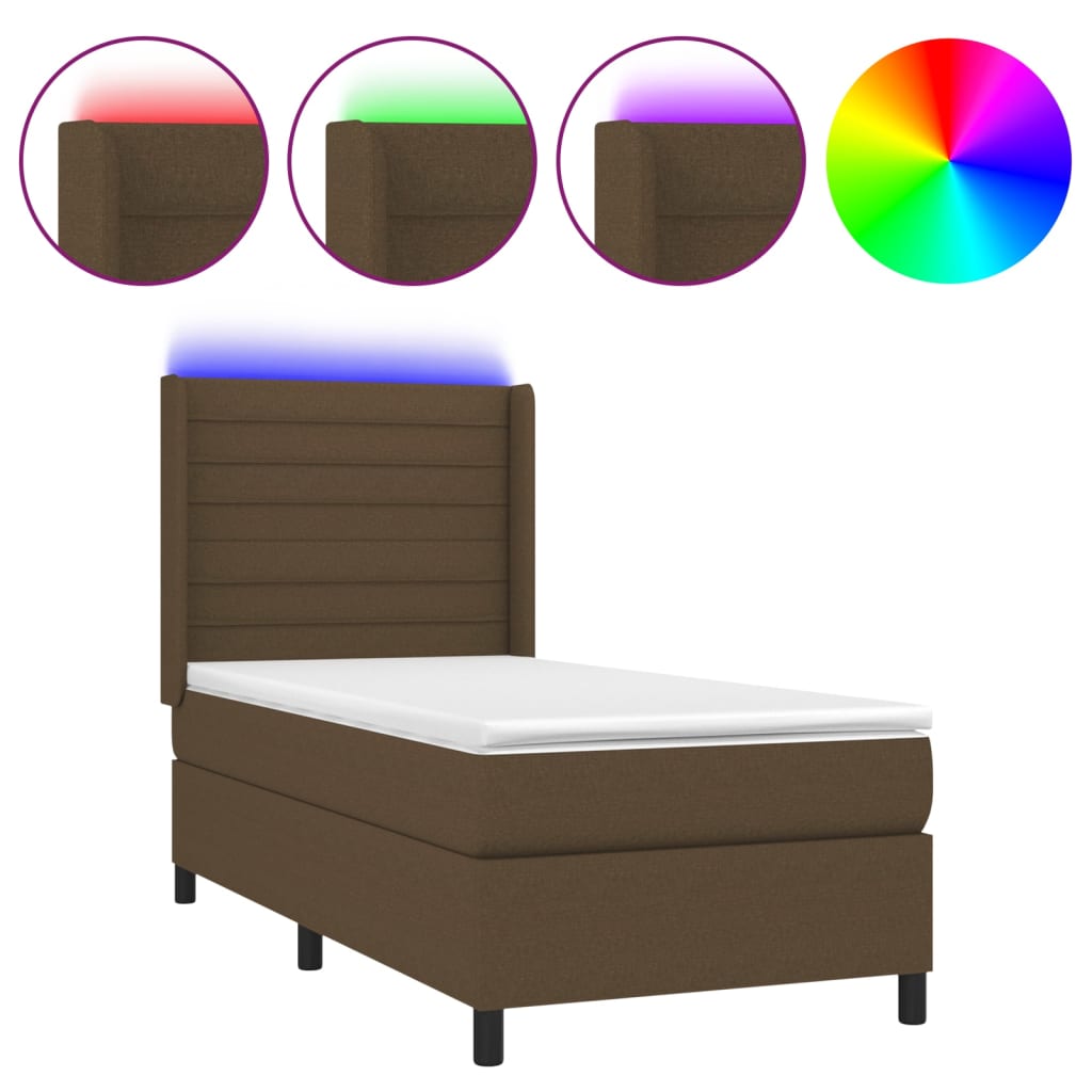 vidaXL Cama box spring colchón y luces LED tela marrón oscuro 90x200cm