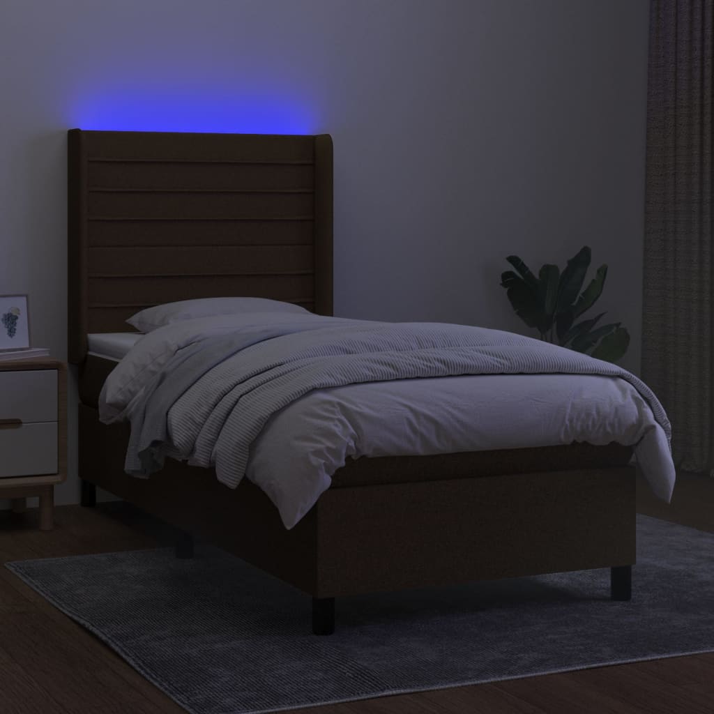 vidaXL Cama box spring colchón y luces LED tela marrón oscuro 90x200cm