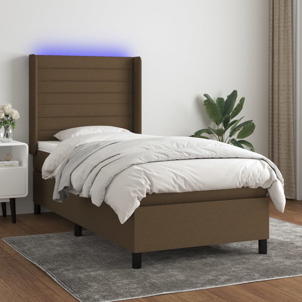 vidaXL Cama box spring colchón y luces LED tela marrón oscuro 90x200cm