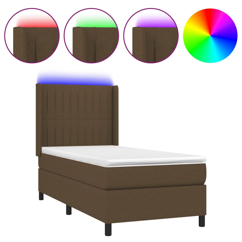 vidaXL Cama box spring colchón y luces LED tela marrón oscuro 90x200cm