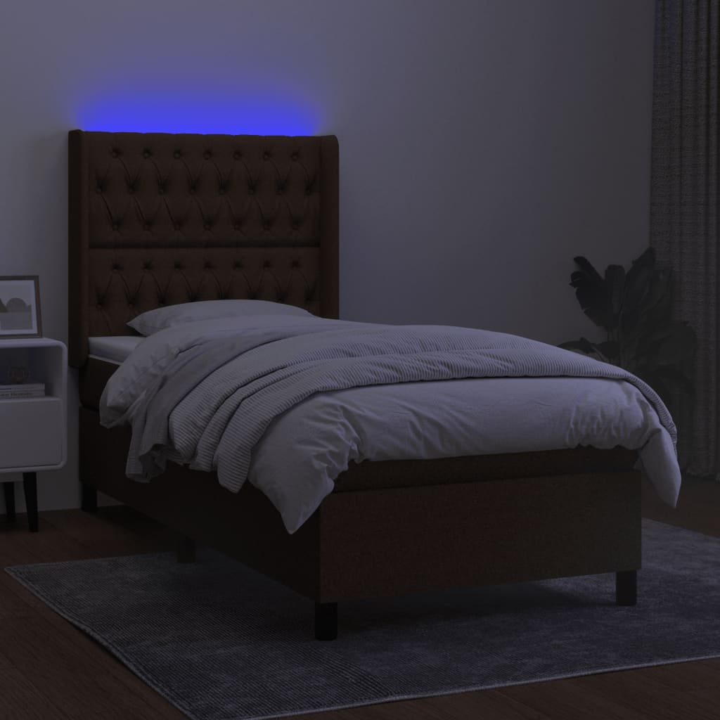 vidaXL Cama box spring colchón y luces LED tela marrón oscuro 80x200cm