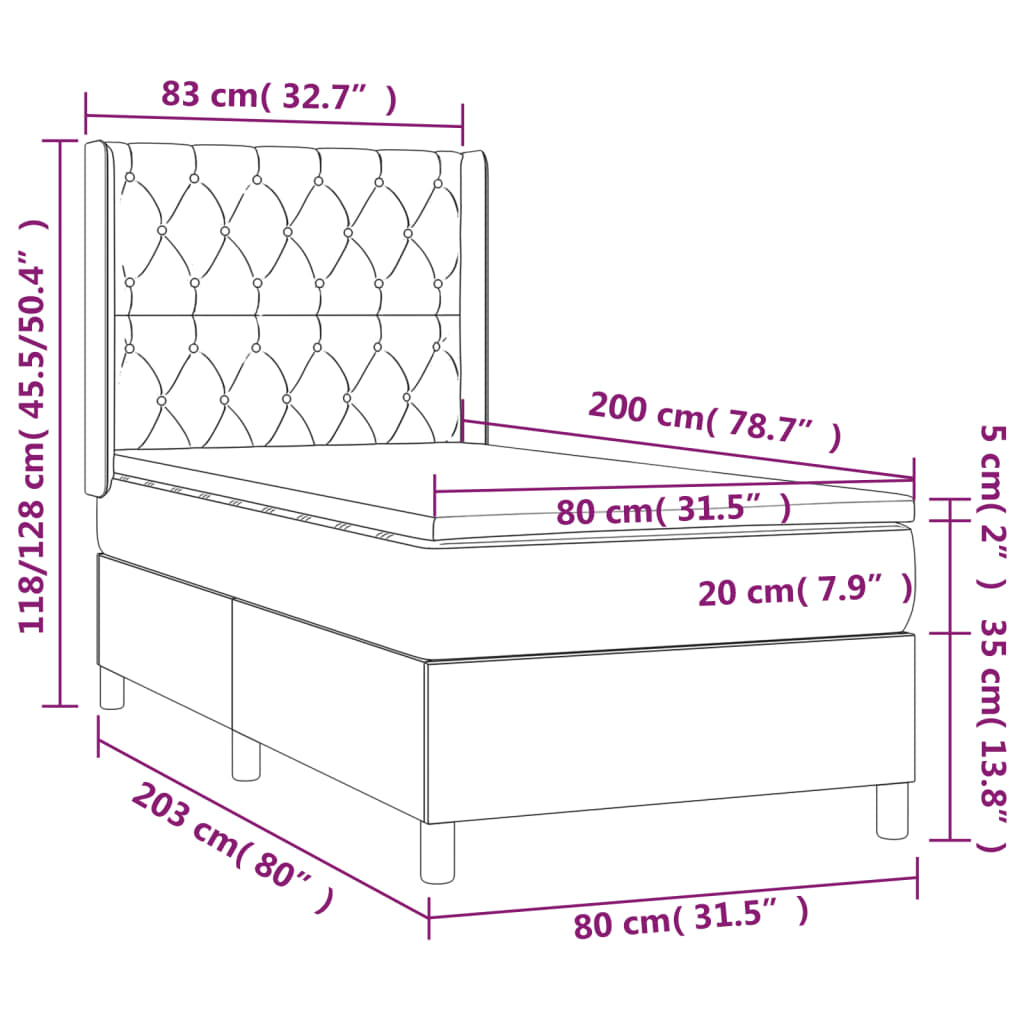 vidaXL Cama box spring colchón y luces LED tela marrón oscuro 80x200cm