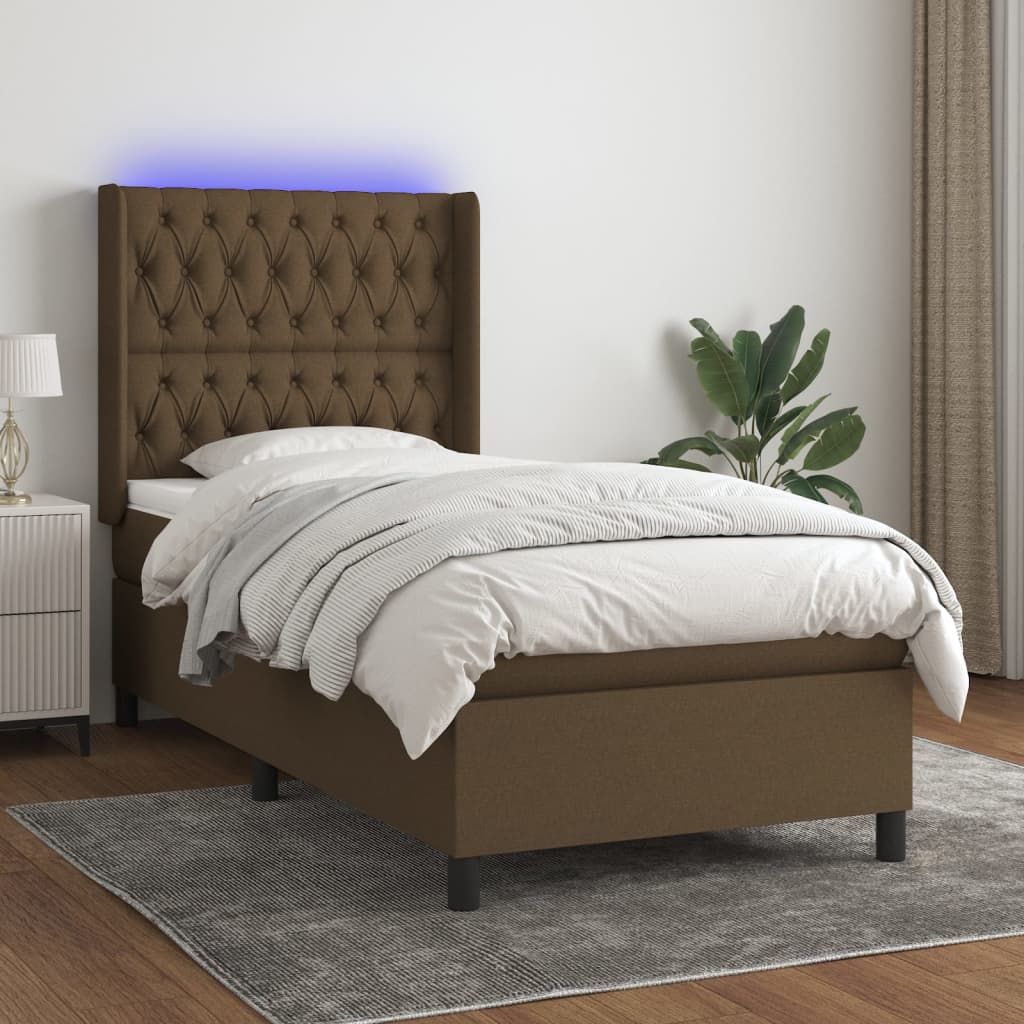 vidaXL Cama box spring colchón y luces LED tela marrón oscuro 80x200cm