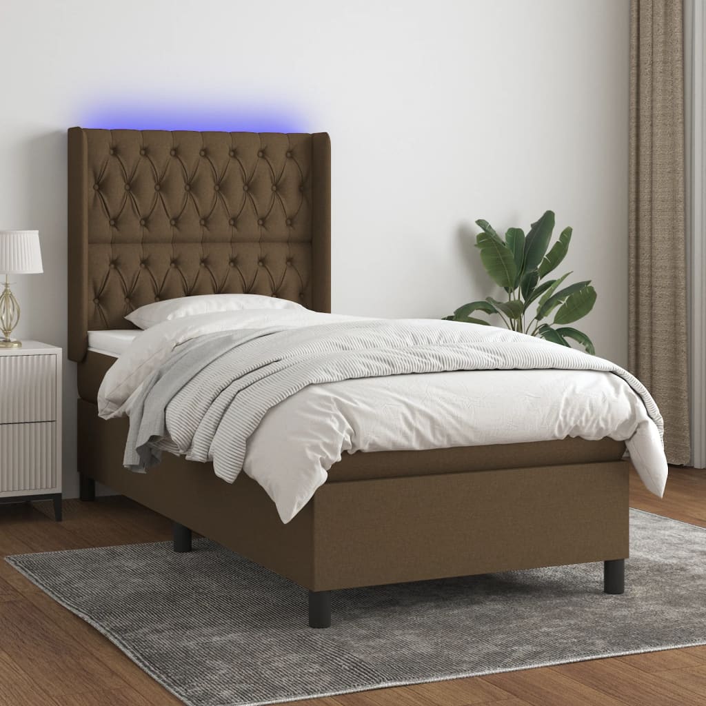 vidaXL Cama box spring colchón y luces LED tela marrón oscuro 90x200cm