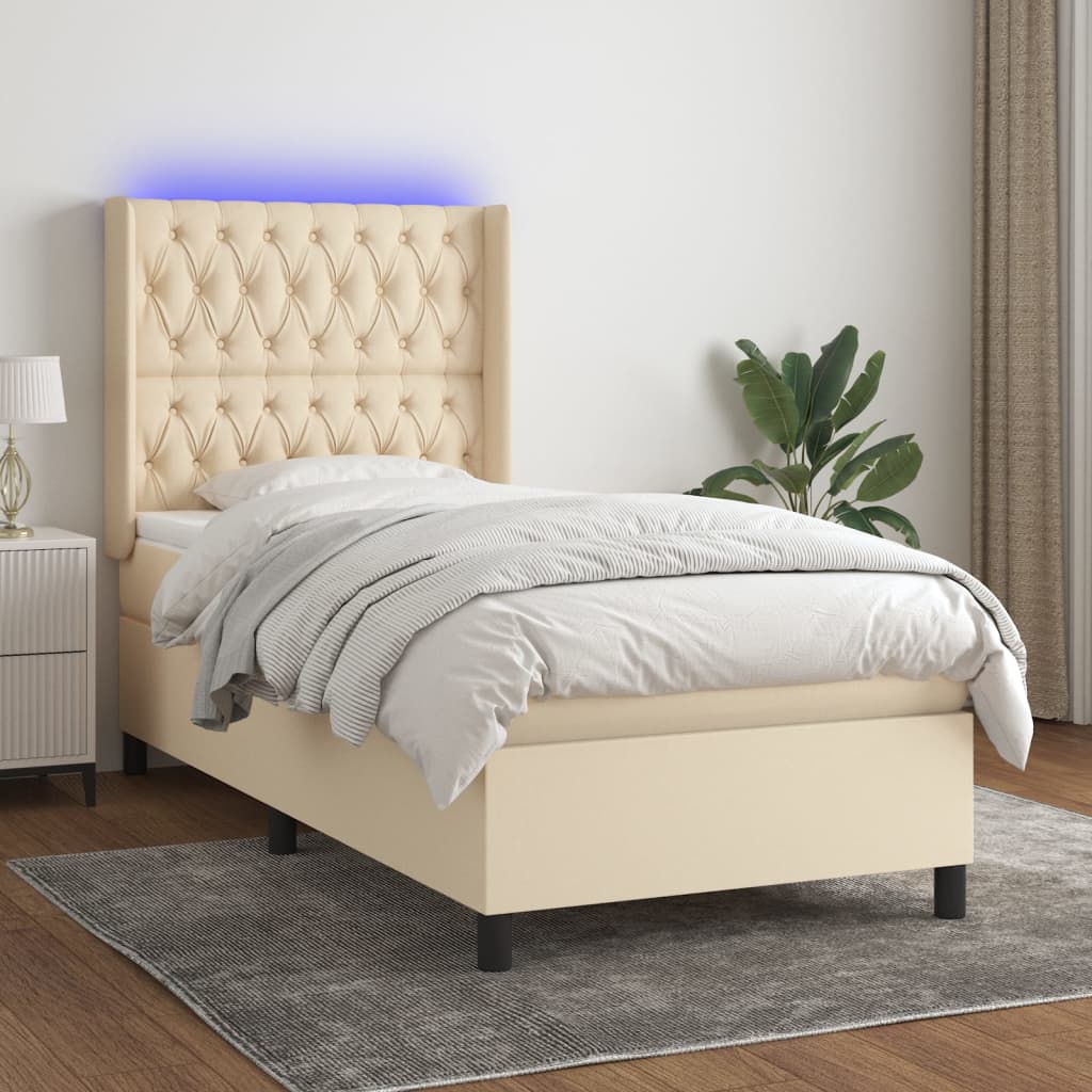 vidaXL Cama box spring colchón y luces LED tela crema 100x200 cm