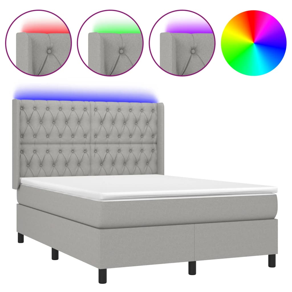 vidaXL Cama box spring colchón y luces LED tela gris claro 140x190 cm